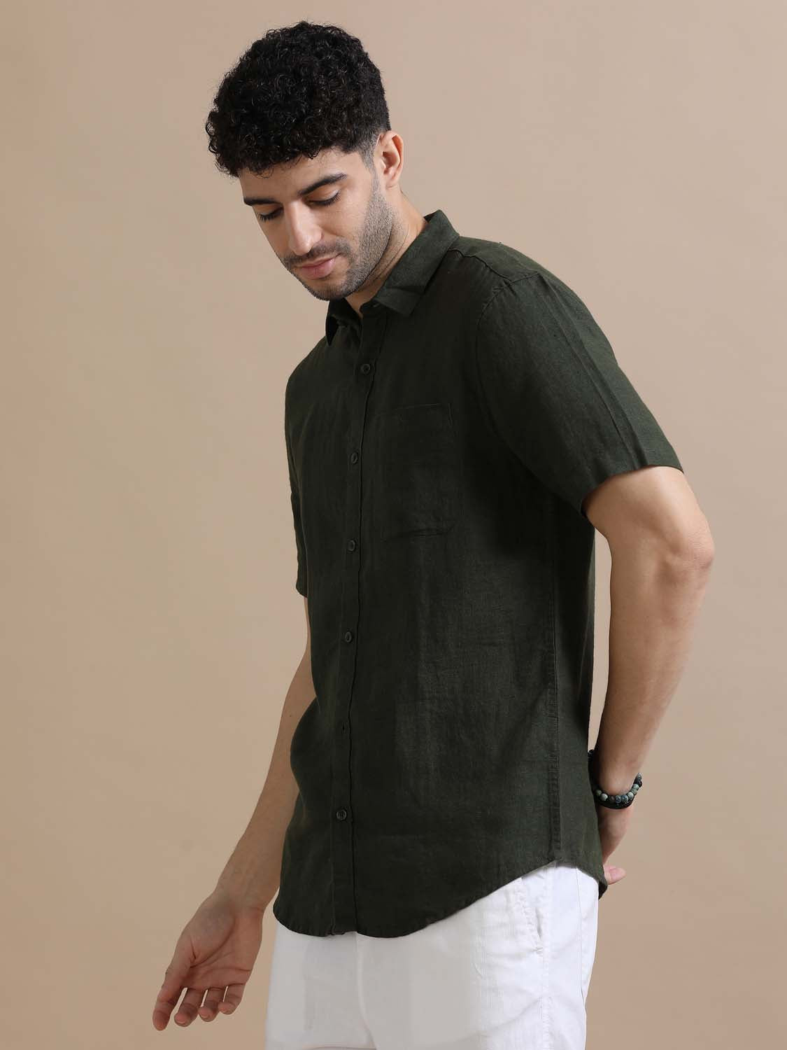 Feather Olive Green Linen Shirt For Men 