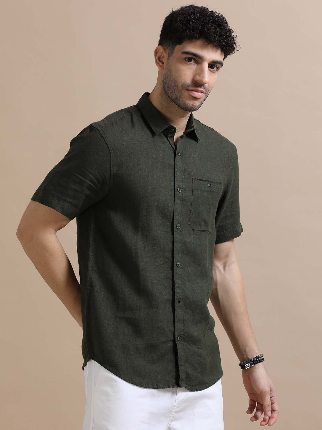 Feather Olive Green Linen Shirt For Men 