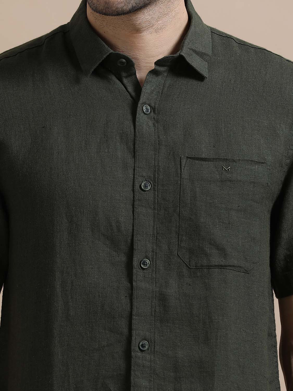 Feather Olive Green Linen Shirt For Men 