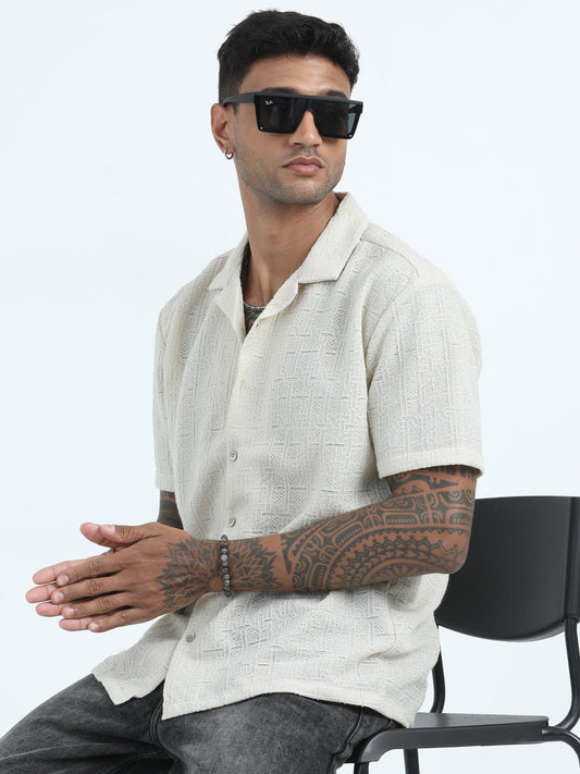 Poly Jaccqard Cream Half Sleeve Shirts Mens