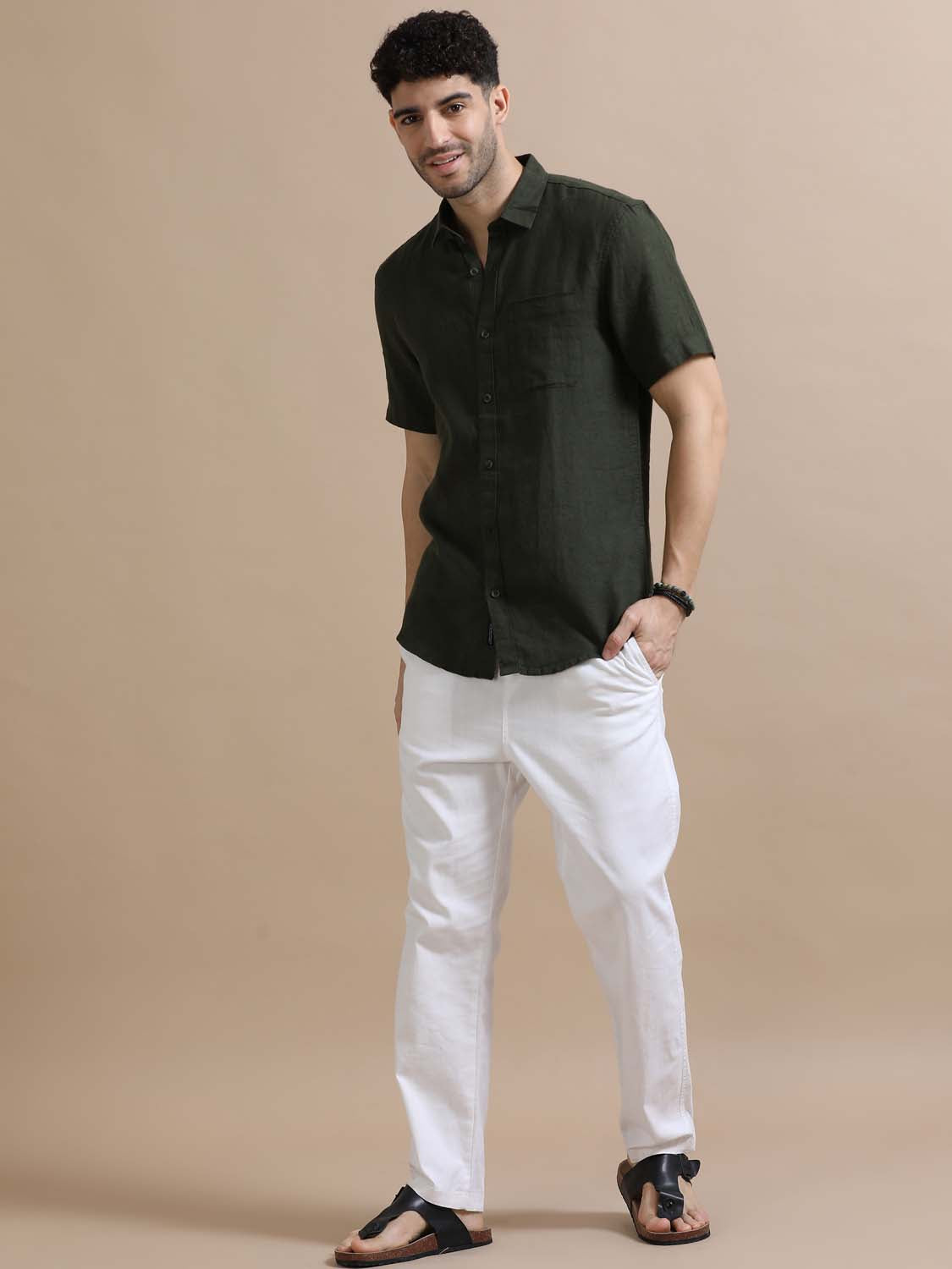 Feather Olive Green Linen Shirt For Men 