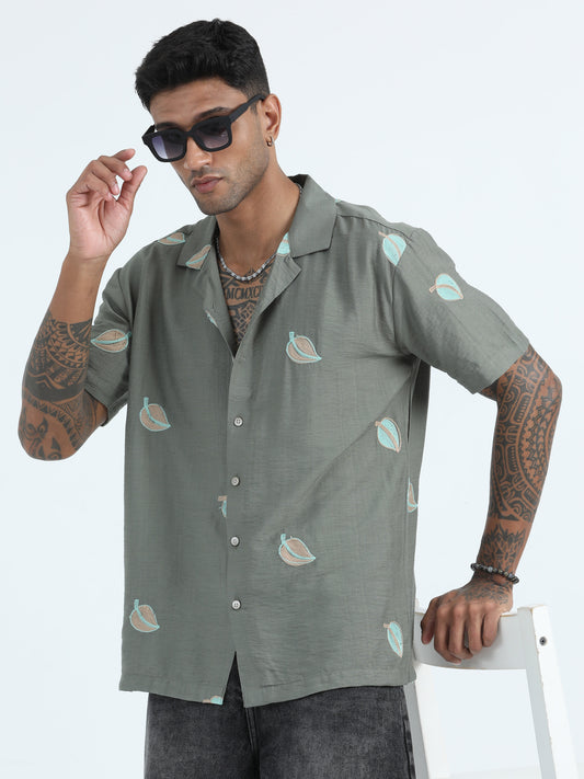 Green Linen Leaf Embroidered Shirts For Men