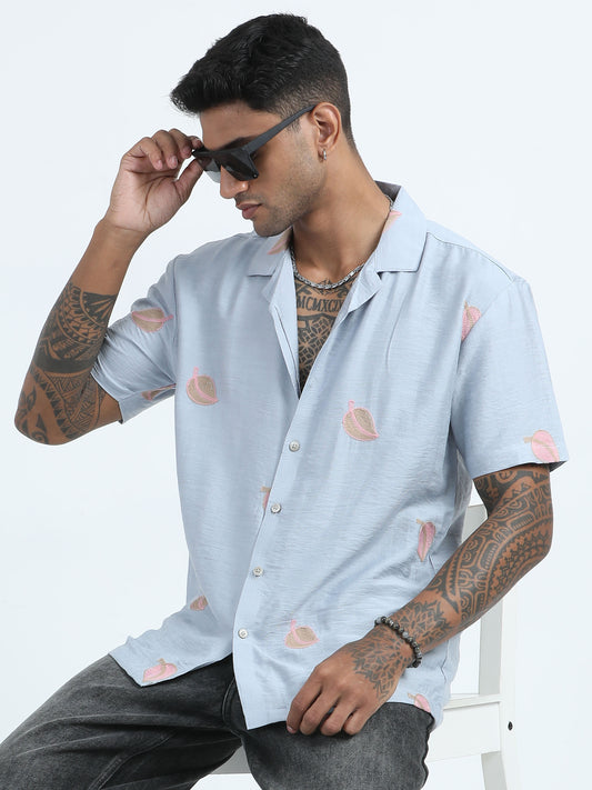 Grey Leaf Embroided Half Sleeve Linen Shirts For Men