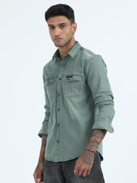 Double Pocket Green Corduroy Shirt For Men