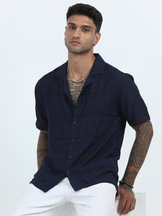 Embroidery Navy Striped Shirt For Men