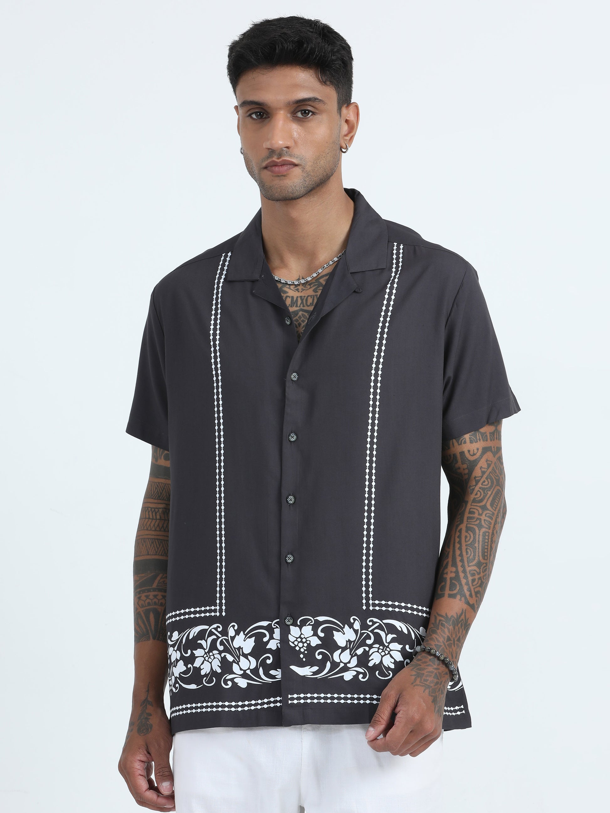 Cotton Viscose Grey Printed Shirt For Men