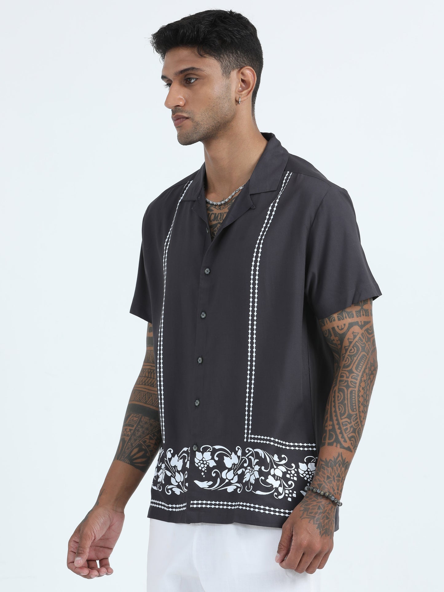 Cotton Viscose Grey Printed Shirt For Men