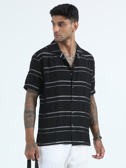 Embroidered Black Striped Shirt For Men