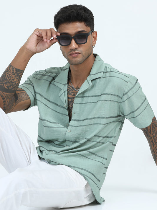 Embroidered Green Striped Shirt For Men