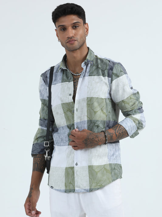 Dobby Laser Print Green Check Shirt For Men