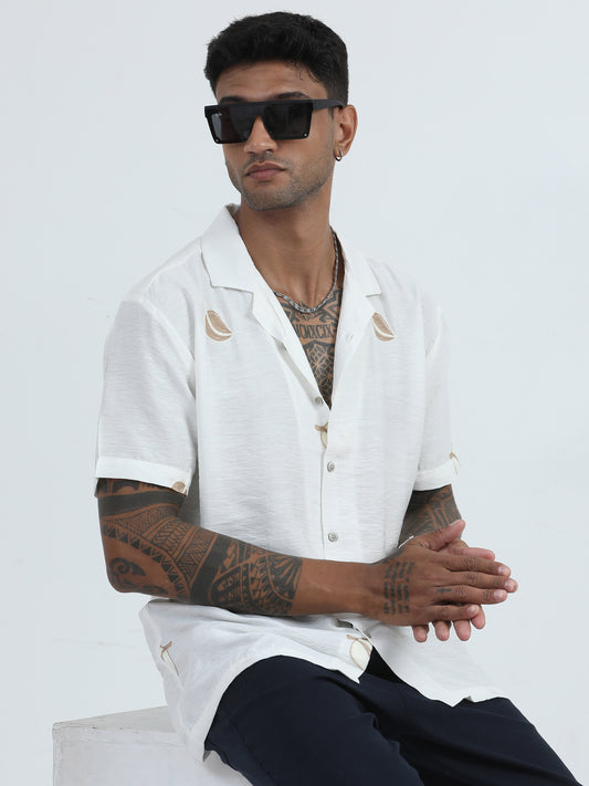 Linen Leaf White Embroidered Shirt For Men