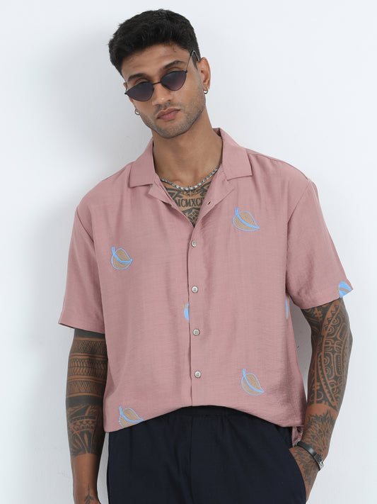  Linen Peach Embroided Leaf Print Shirt Men