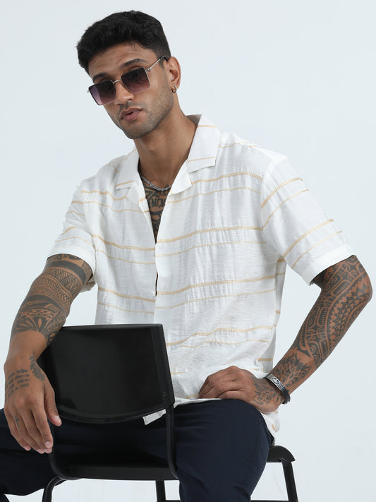 Stylish Embroidered White Striped Shirt Men