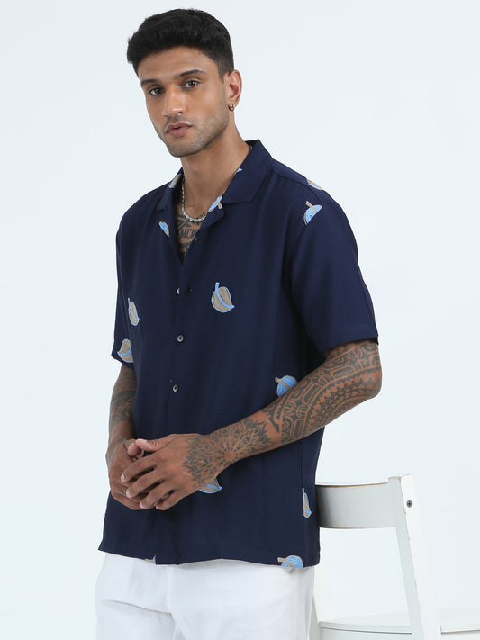 Navy Linen Leaf Men's Embroidered Shirt