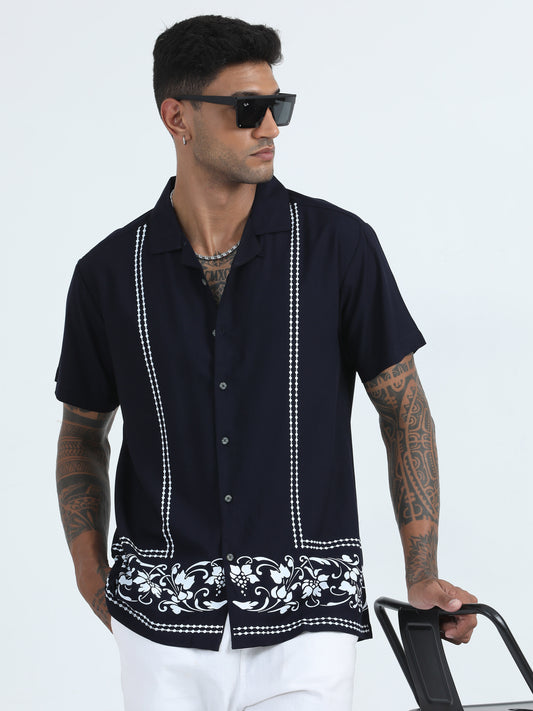 Cotton Viscose Navy Blue Printed Shirt For men