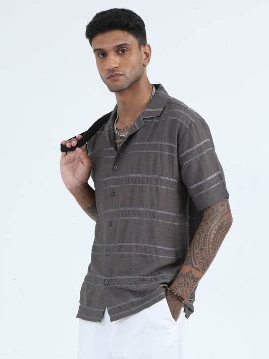 Embroidered Grey Striped Shirt For Men