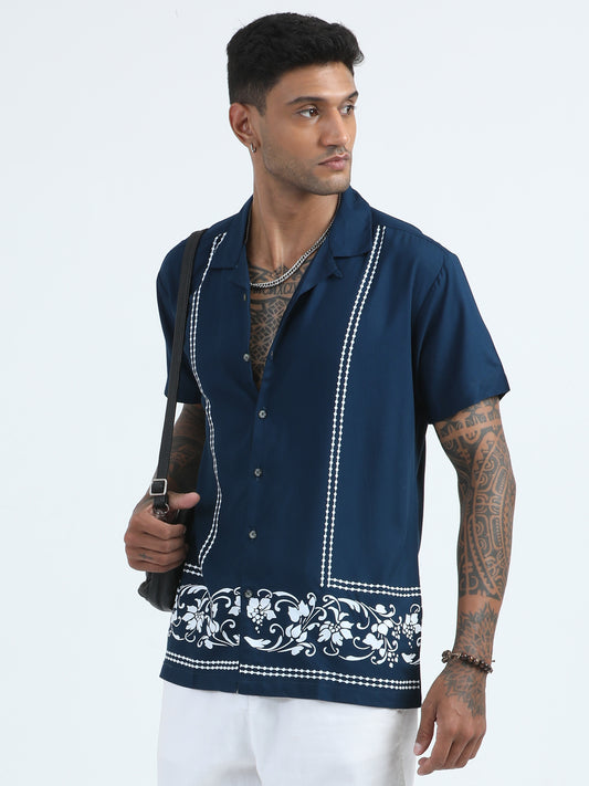 Cotton Viscose Blue Printed Shirt For Men