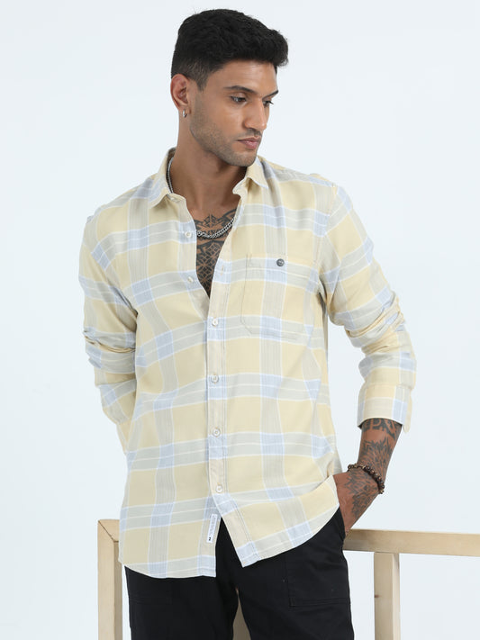 Box Dobby Yellow Check Shirt For Men