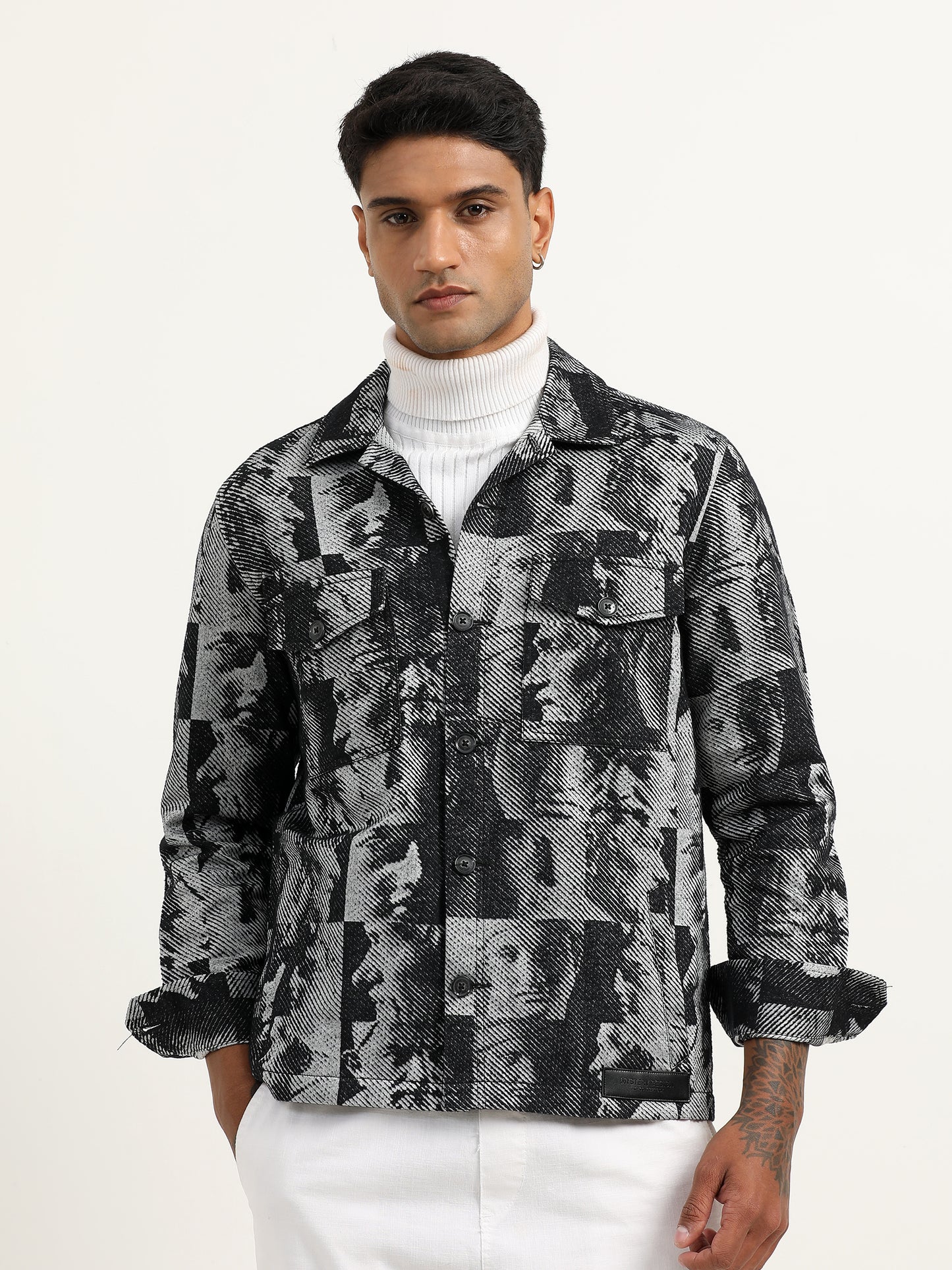 Jacquard Print Black Shacket For Men