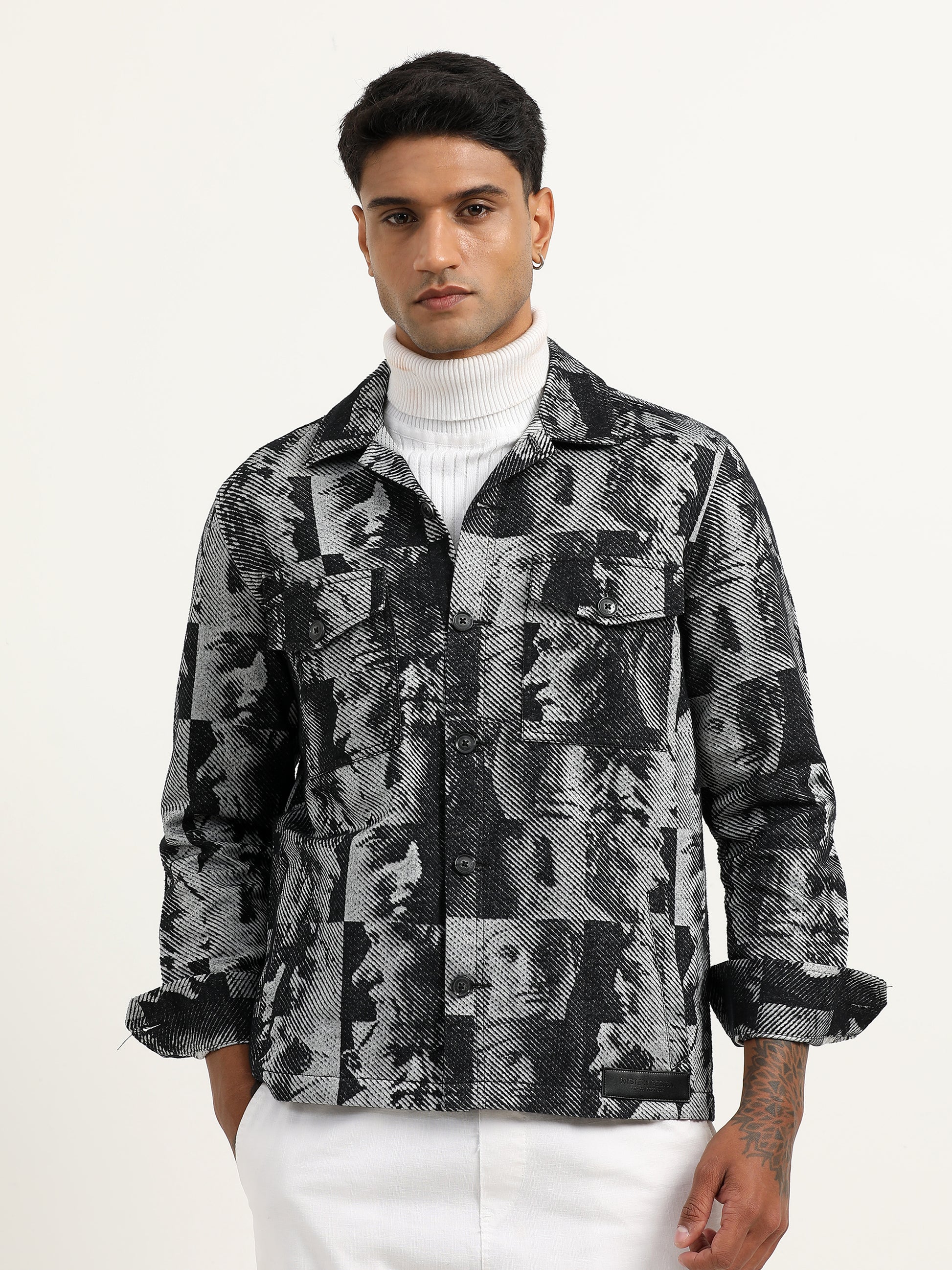 Jacquard Print Black Shacket For Men