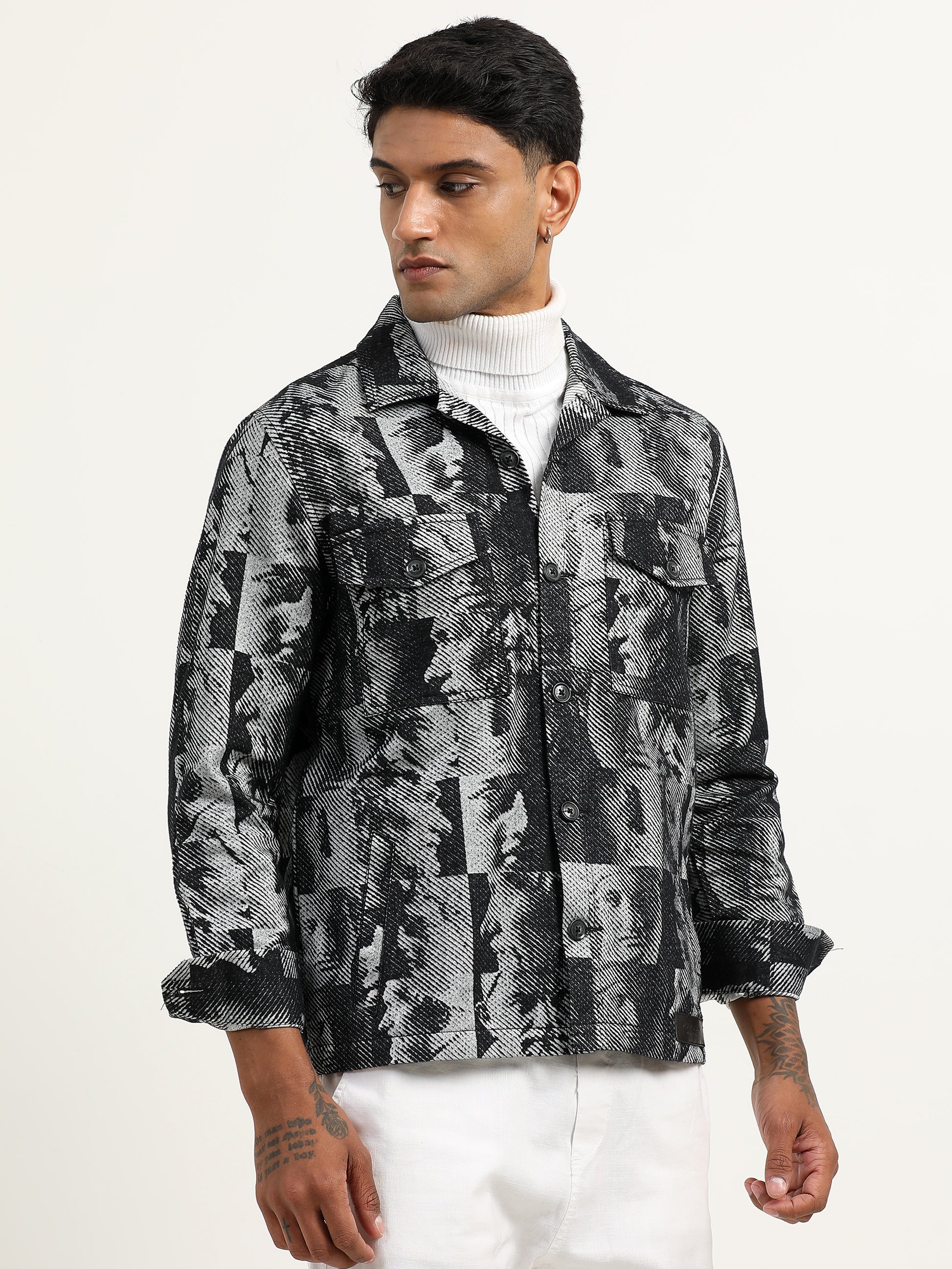 Jacquard Print Black Shacket For Men