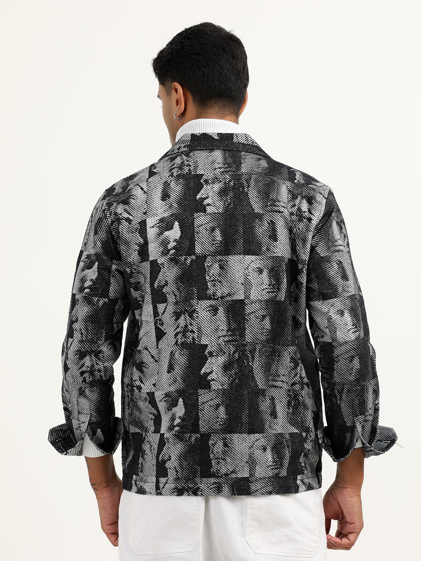 Jacquard Print Black Shacket For Men