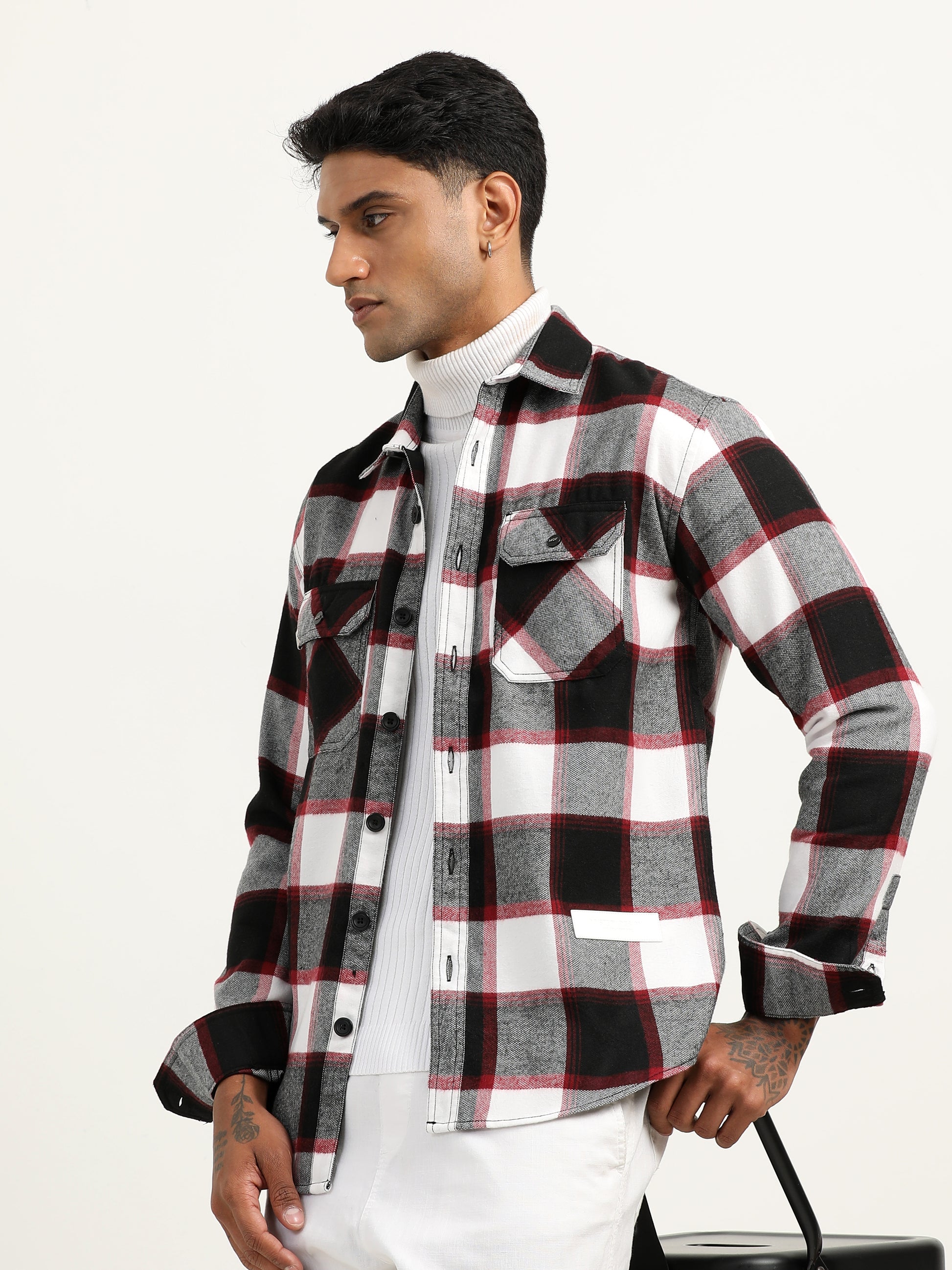  Brushed Twill Red Check Shacket For Men 