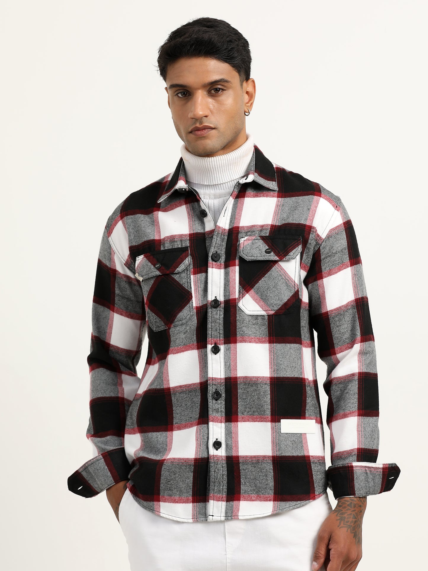  Brushed Twill Red Check Shacket For Men 