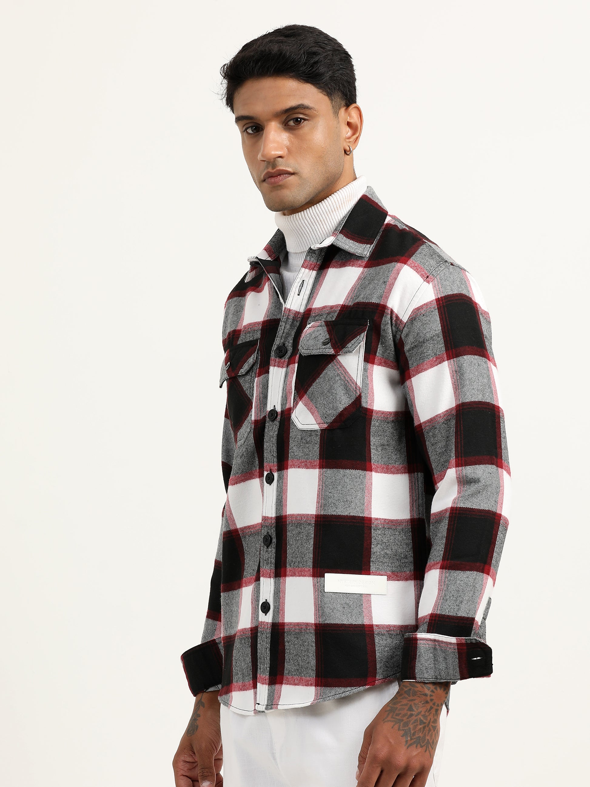  Brushed Twill Red Check Shacket For Men 