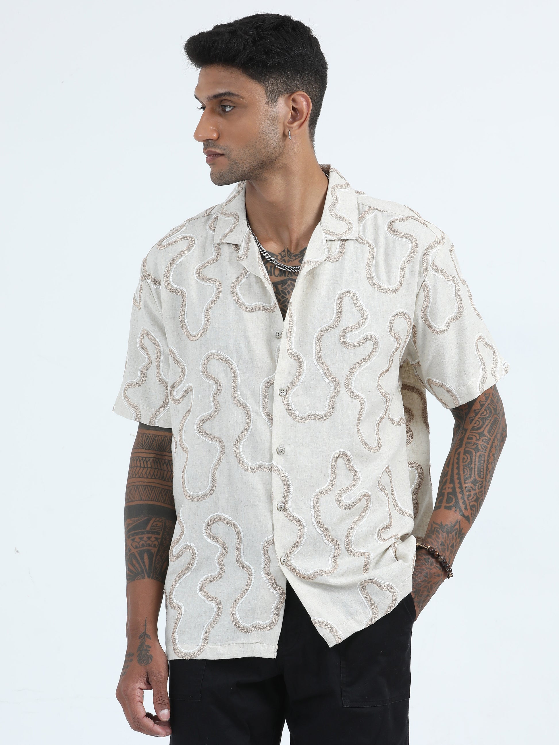 Embroidered Beige Printed Shirts For Men