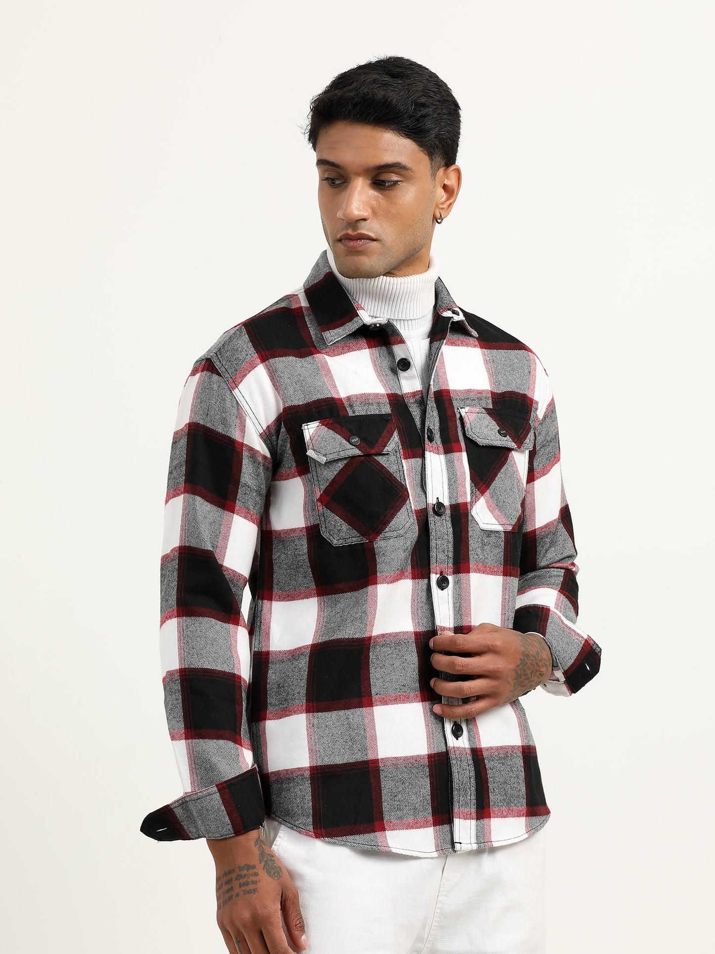  Brushed Twill Red Check Shacket For Men 