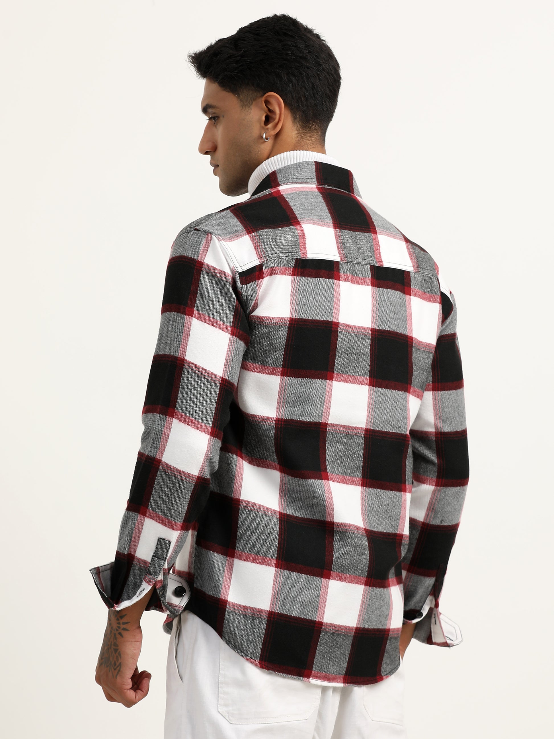  Brushed Twill Red Check Shacket For Men 