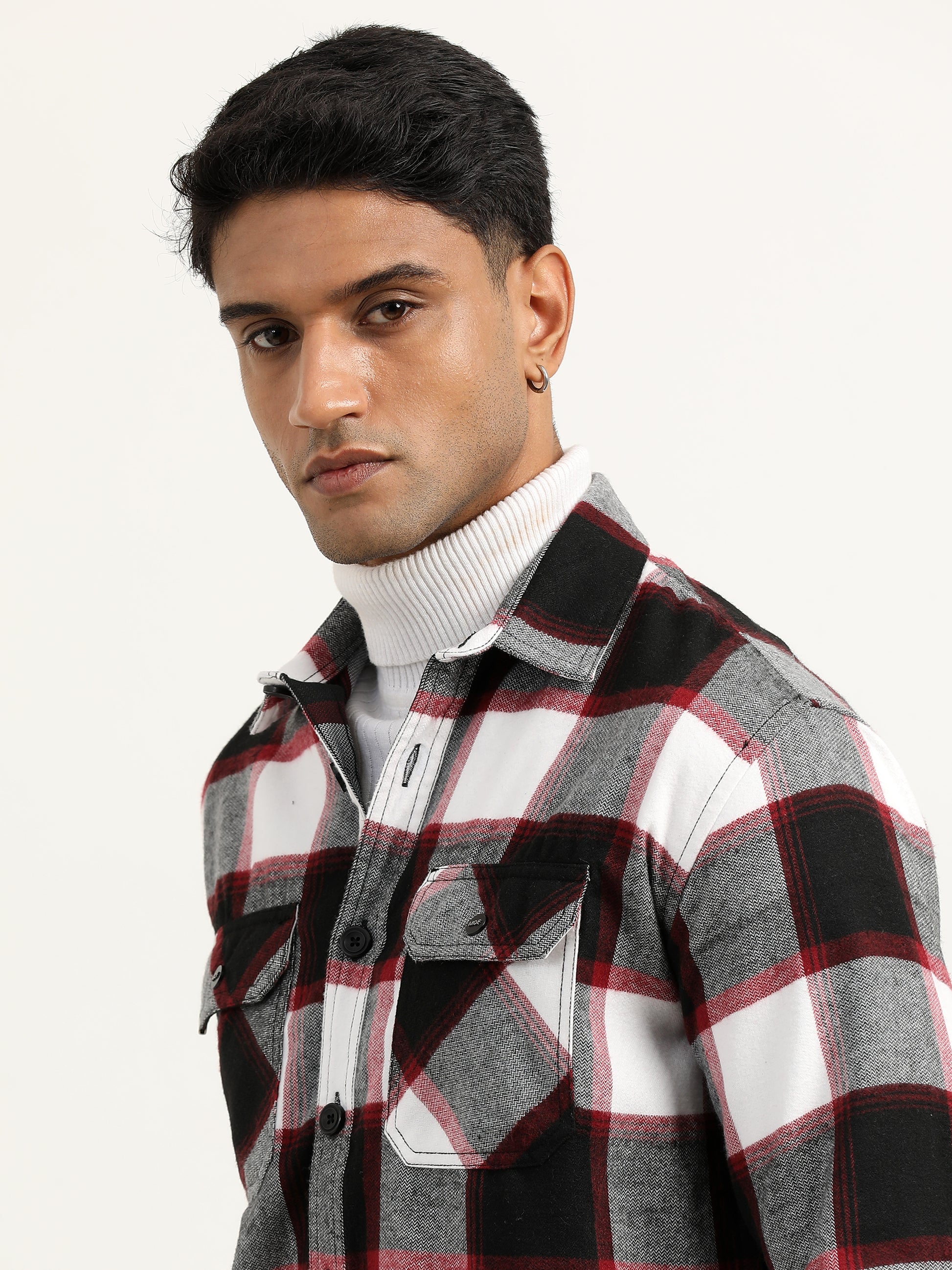  Brushed Twill Red Check Shacket For Men 