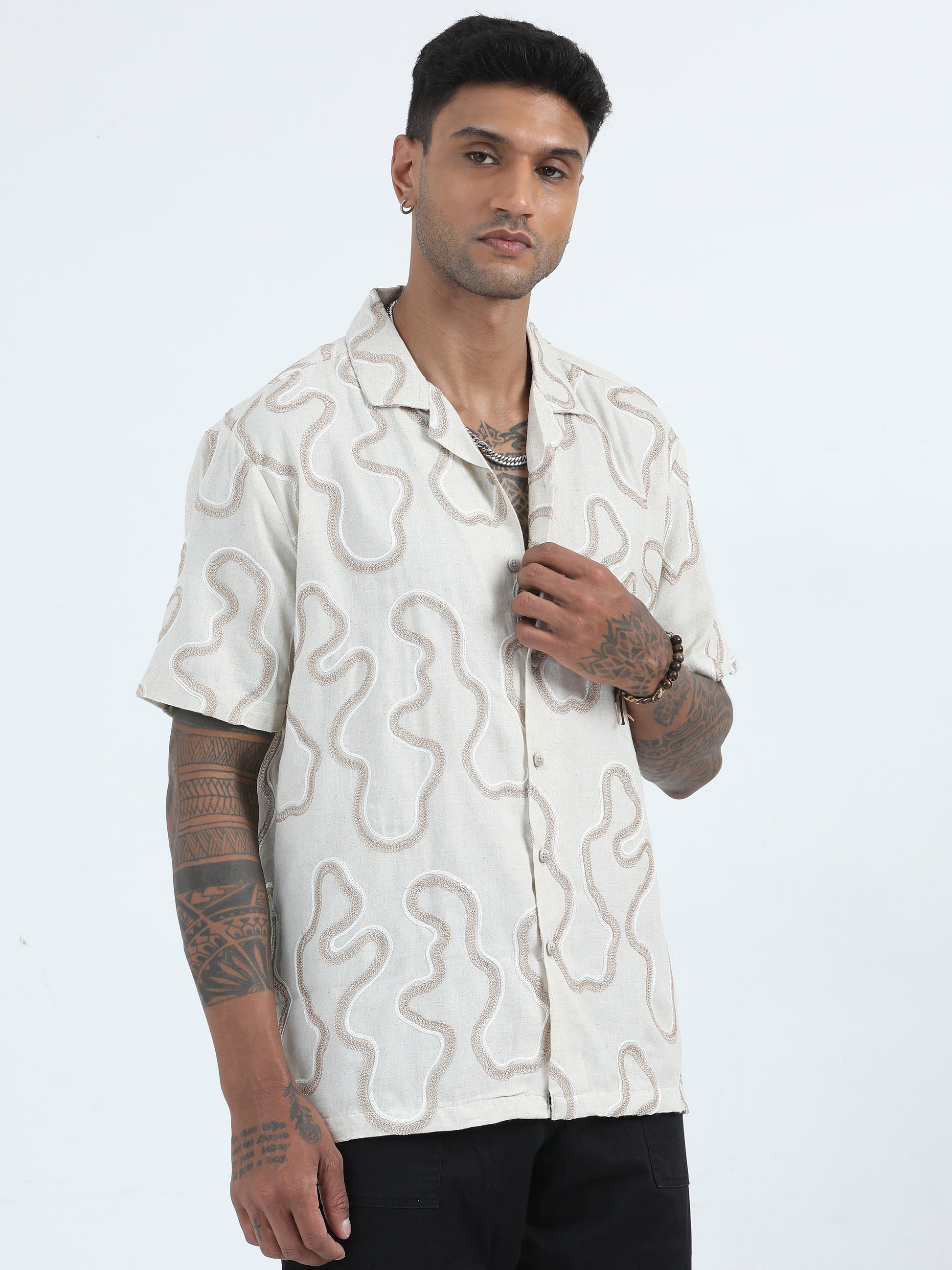 Embroidered Beige Printed Shirts For Men