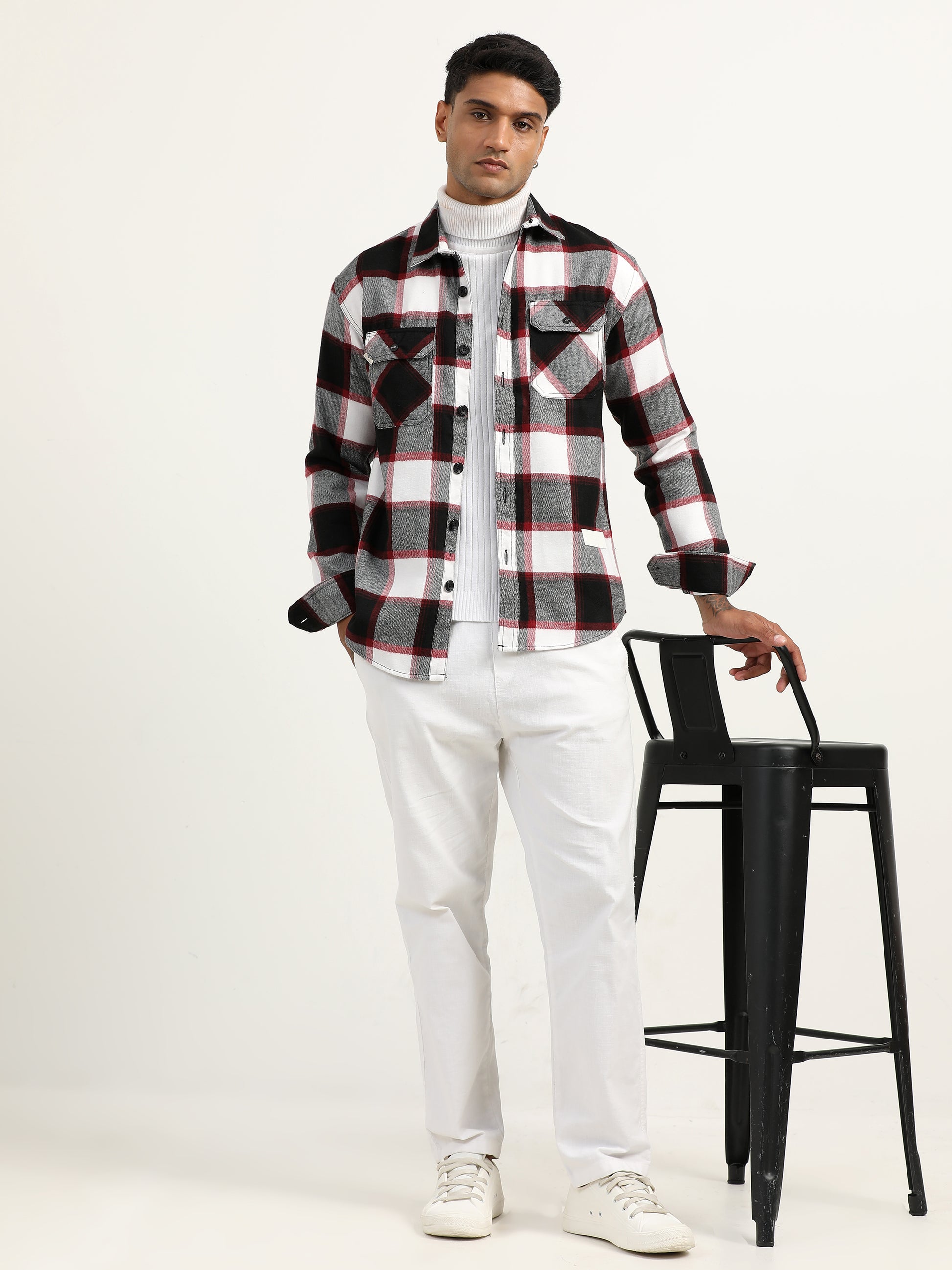  Brushed Twill Red Check Shacket For Men 