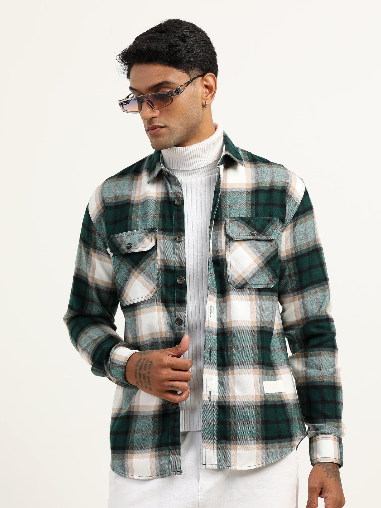 Brushed Twill Checked Men's Green Shacket 