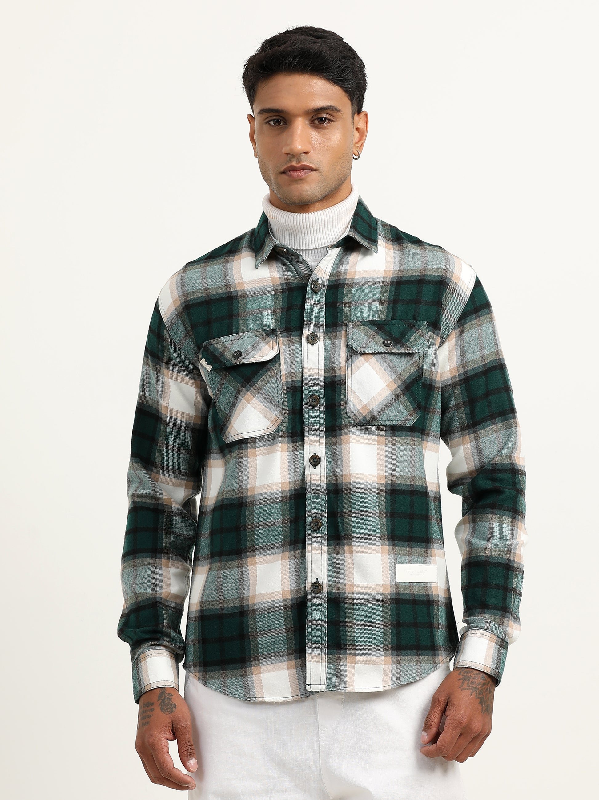 Brushed Twill Checked Men's Green Shacket 