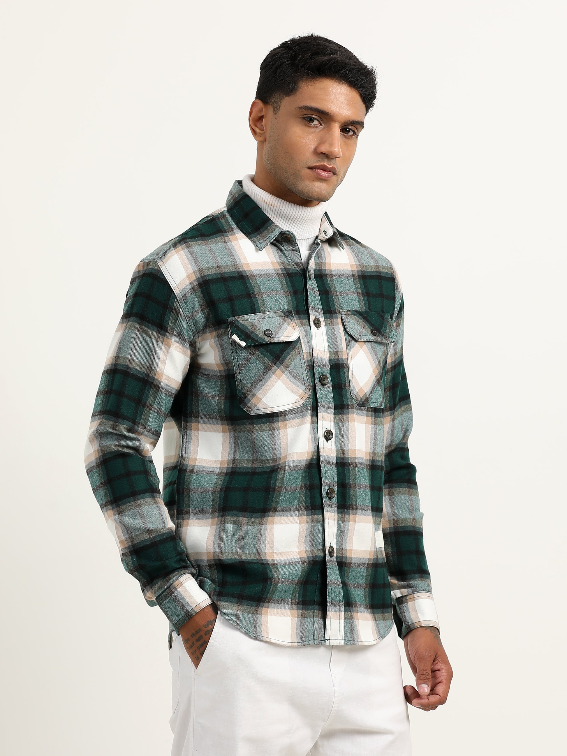 Brushed Twill Checked Men's Green Shacket 