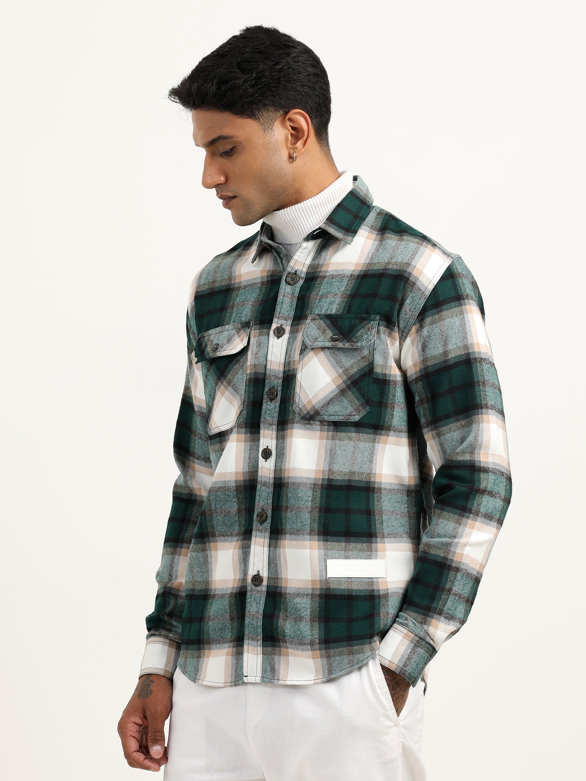 Brushed Twill Checked Men's Green Shacket 