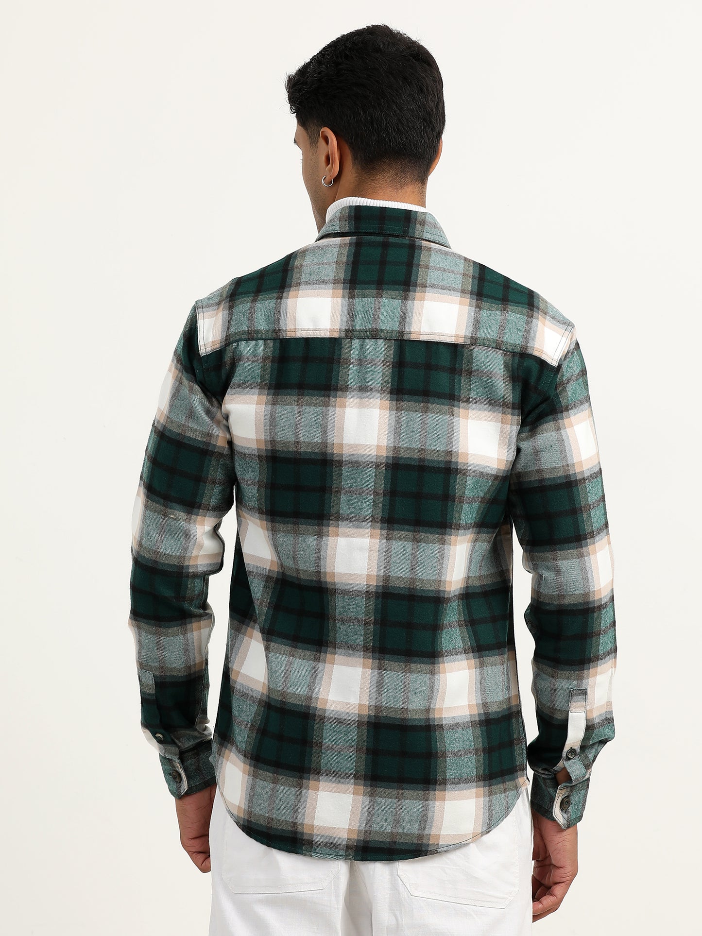 Brushed Twill Checked Men's Green Shacket 