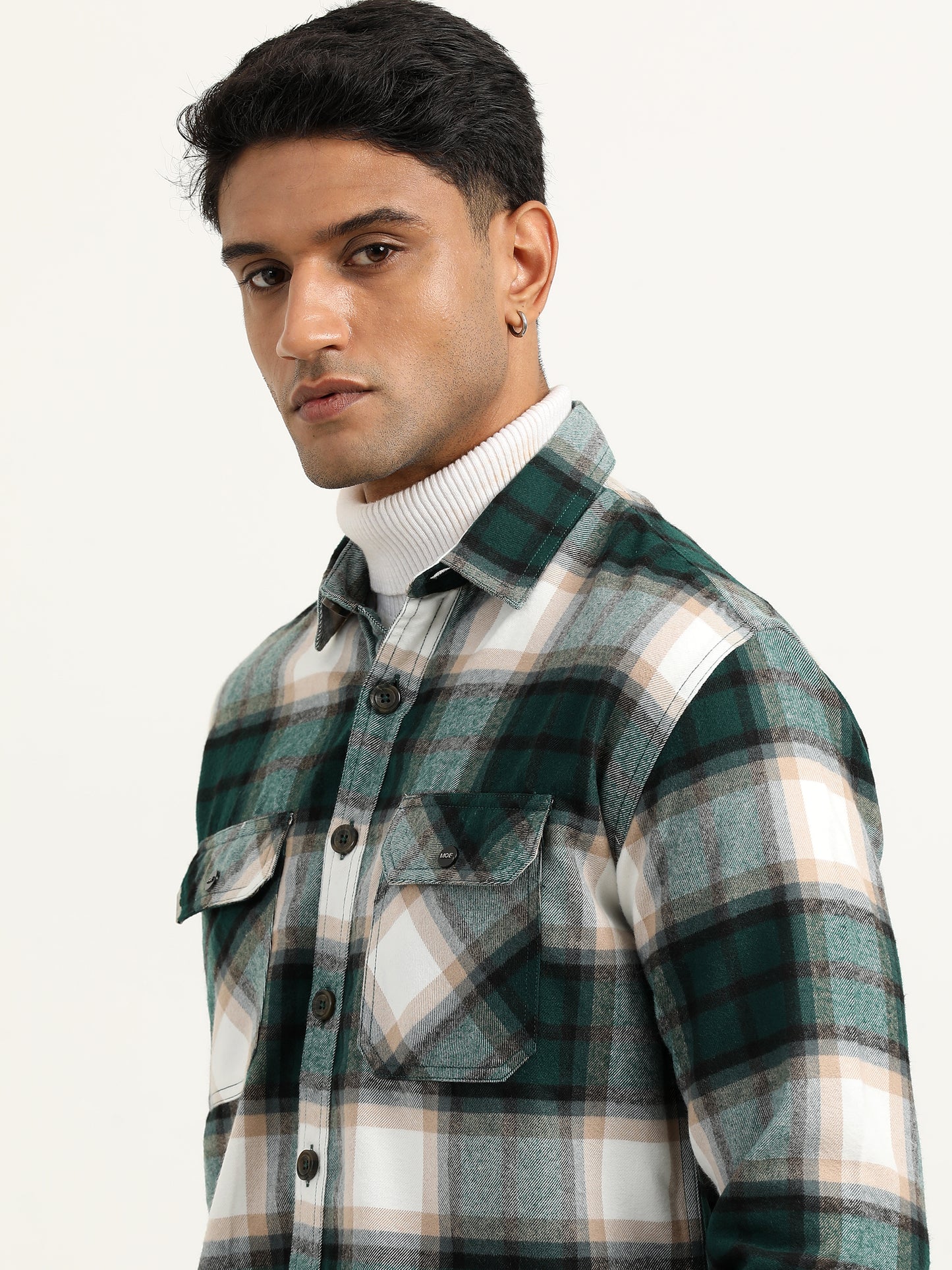 Brushed Twill Checked Men's Green Shacket 