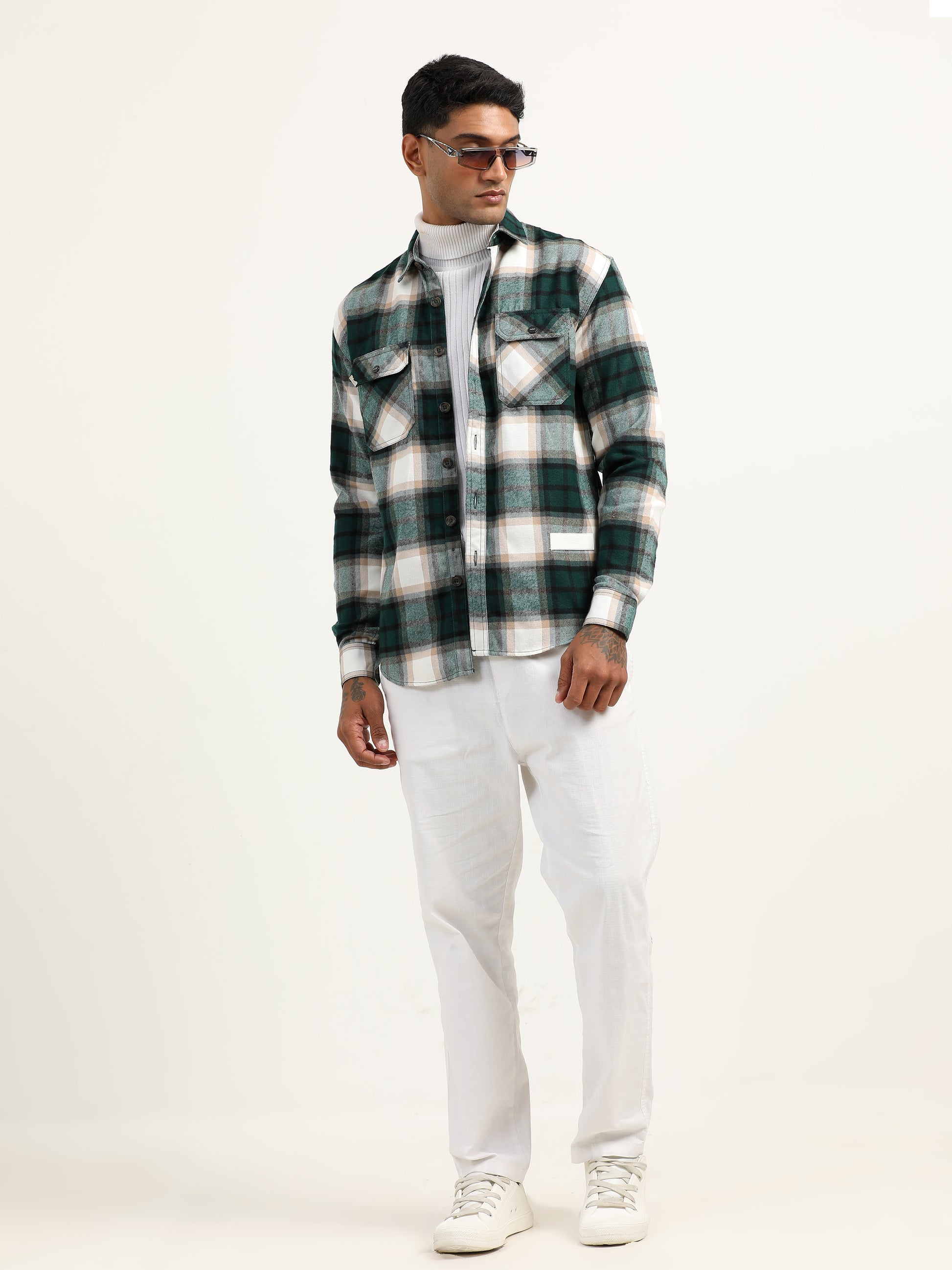 Brushed Twill Checked Men's Green Shacket 