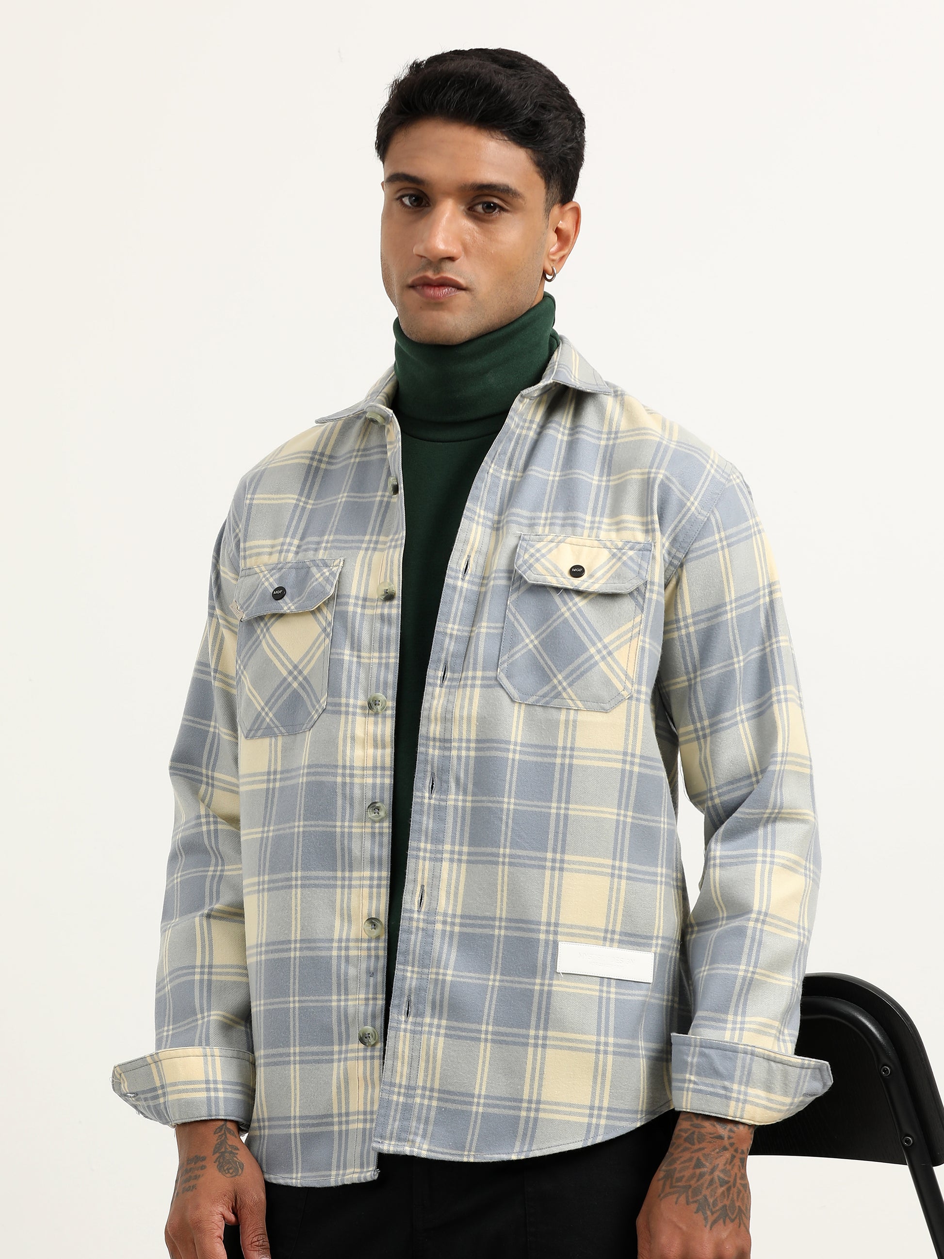 Herringbon Checks Light Blue Shacket For Men