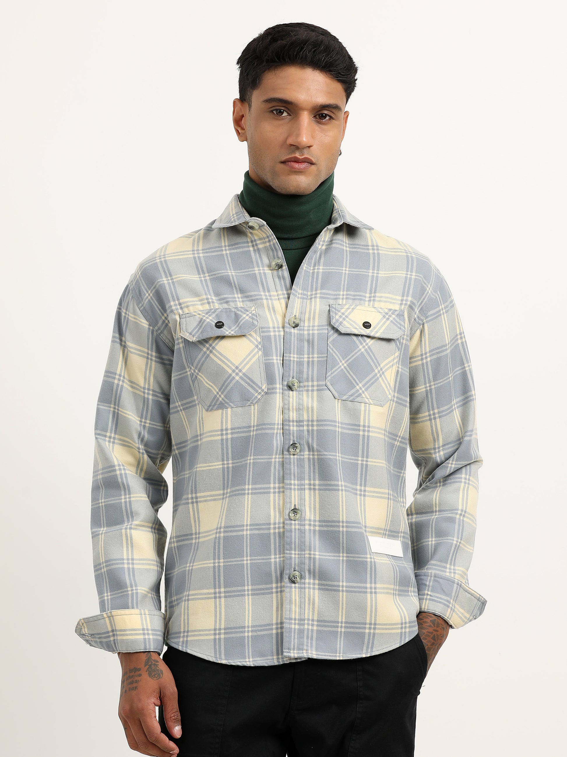 Herringbon Checks Light Blue Shacket For Men