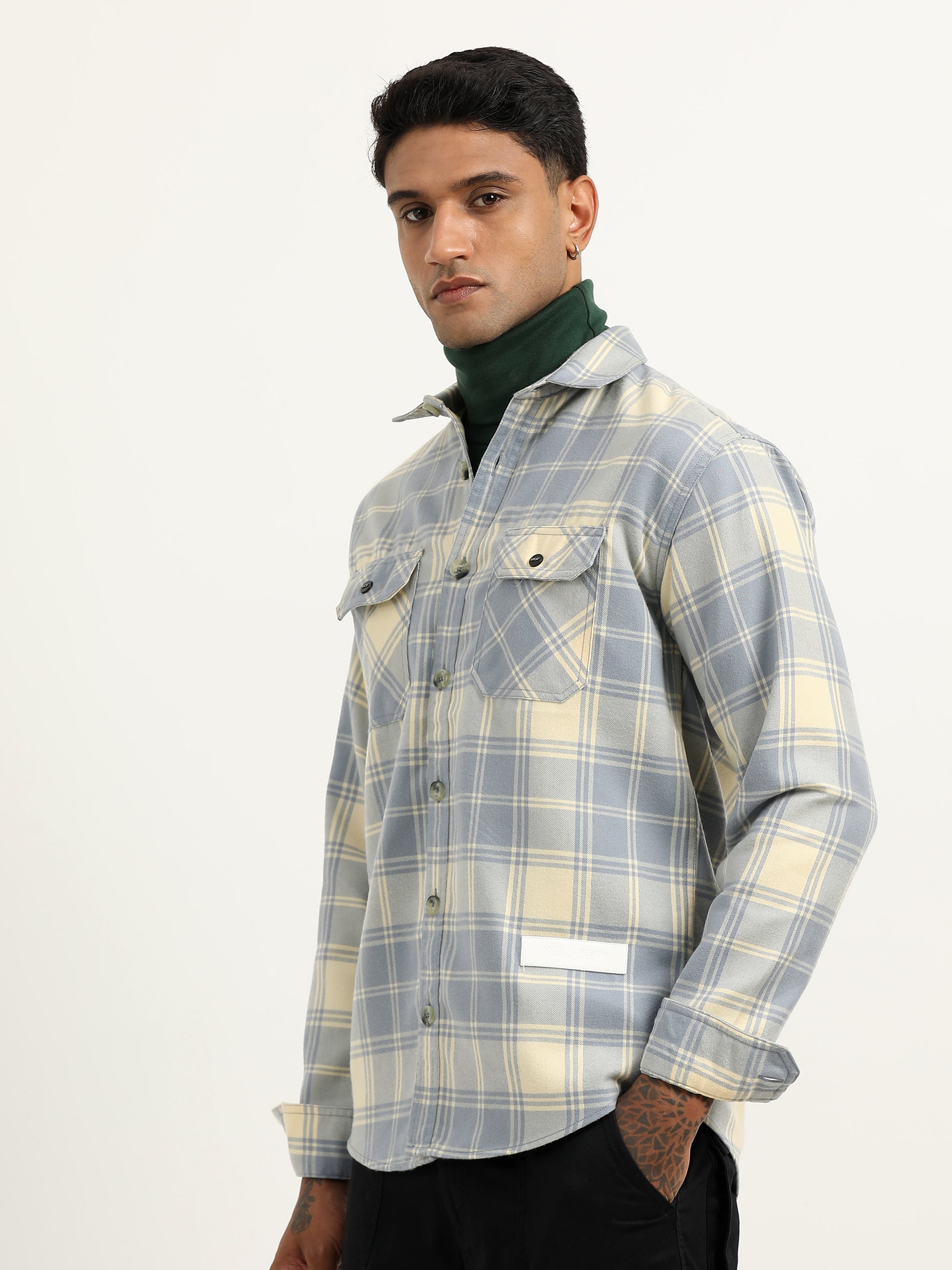 Herringbon Checks Light Blue Shacket For Men