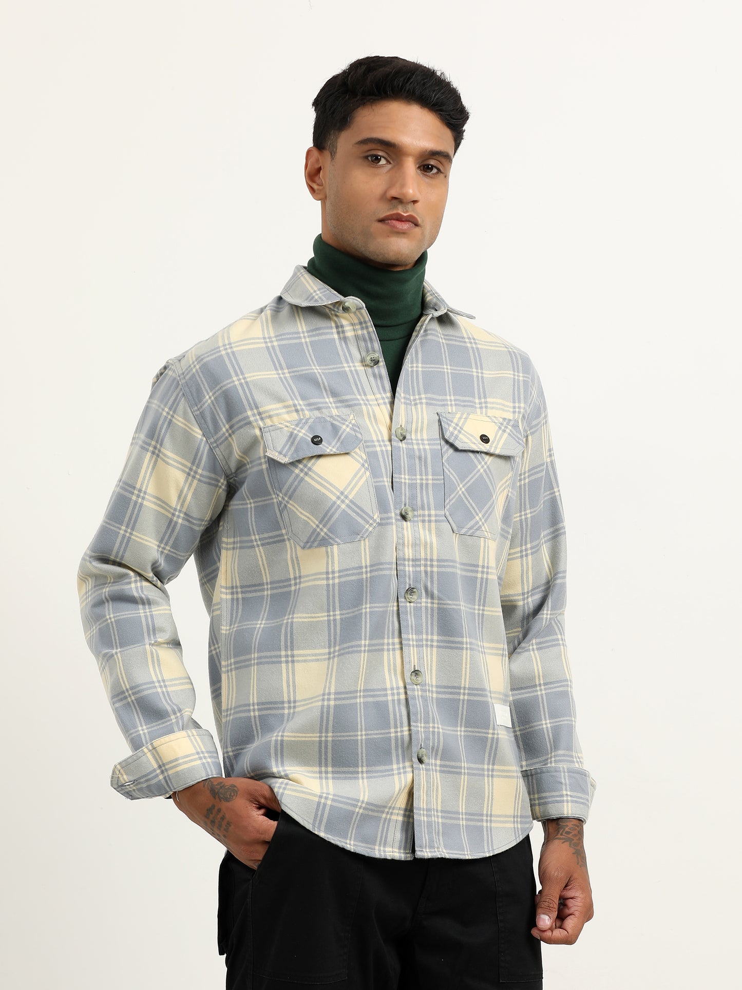 Herringbon Checks Light Blue Shacket For Men