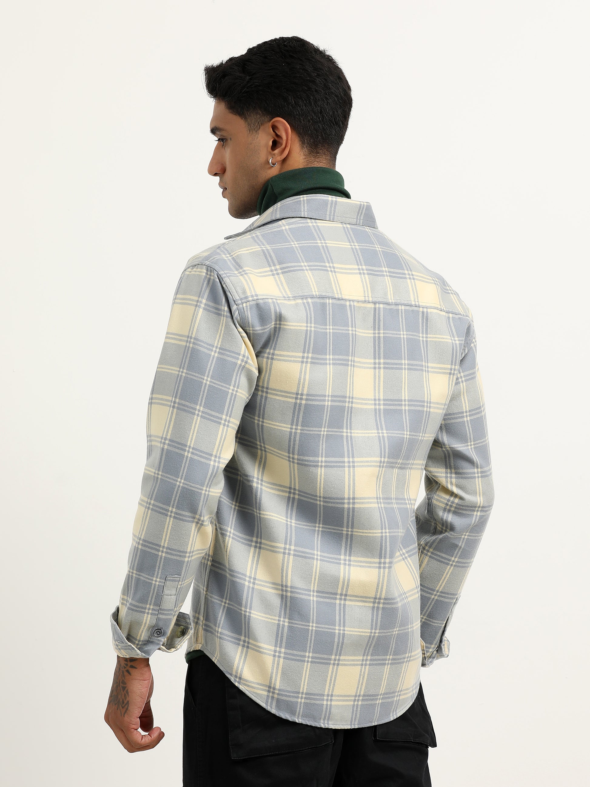 Herringbon Checks Light Blue Shacket For Men