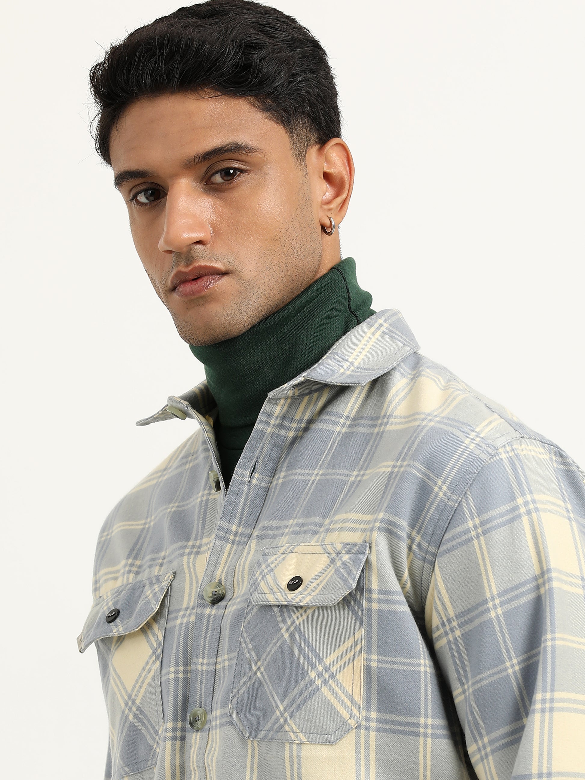 Herringbon Checks Light Blue Shacket For Men