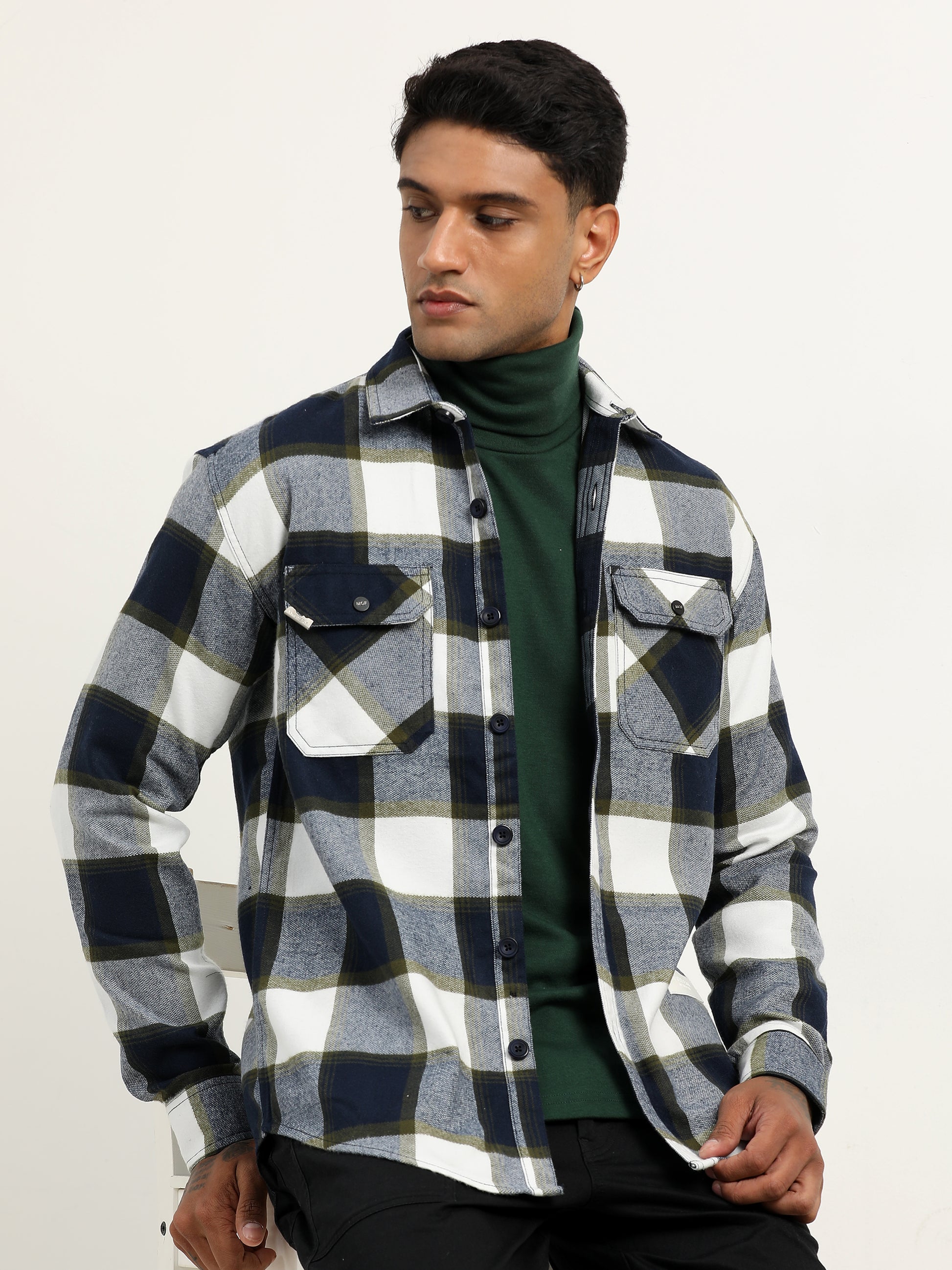 Brushed Twill Checked Green Shacket For Men