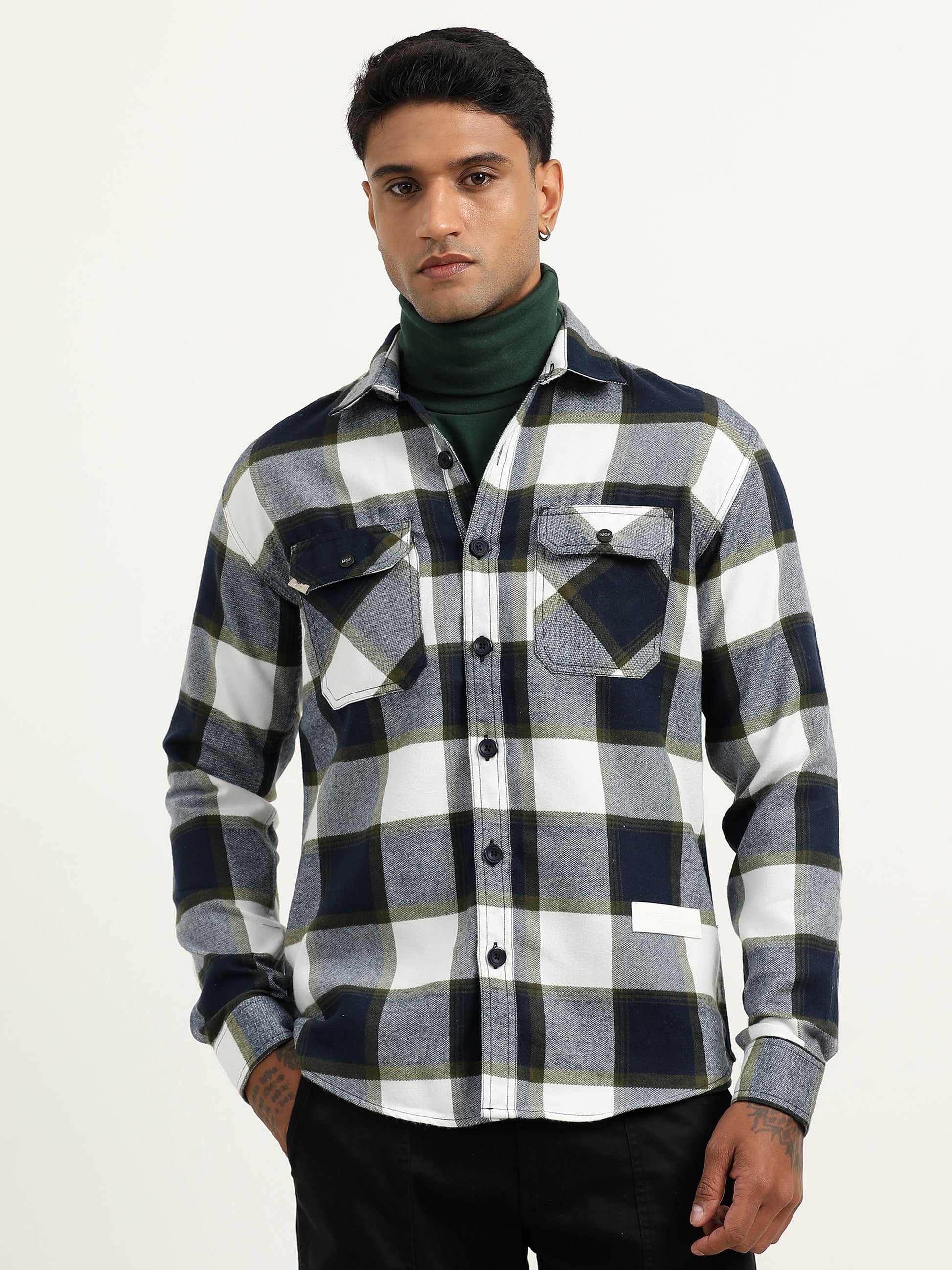 Brushed Twill Checked Green Shacket For Men